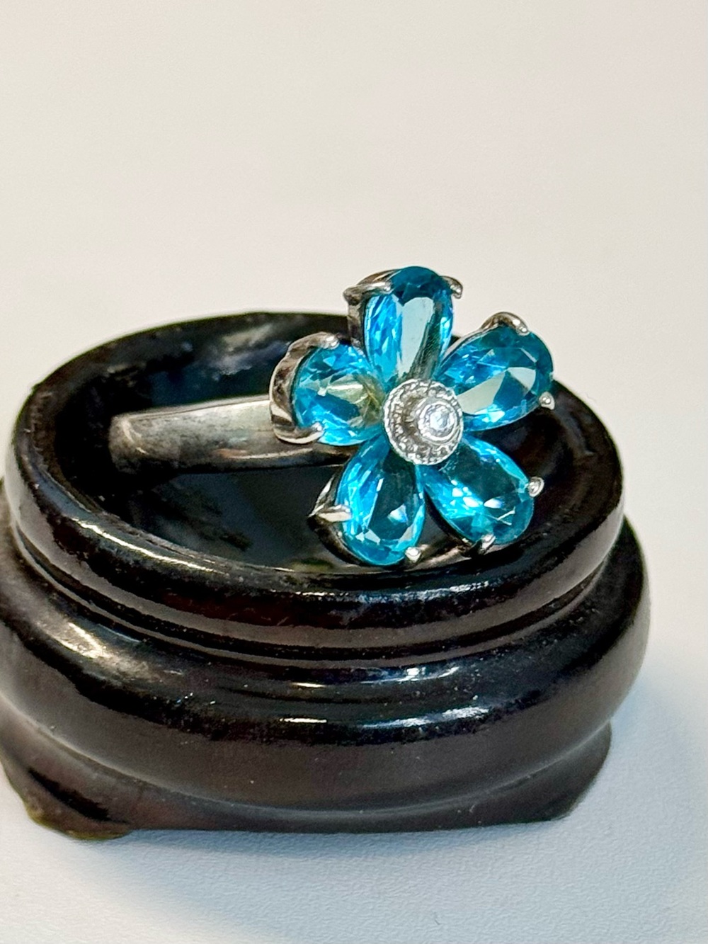 Vintage NF 925 Sterling Silver Blue Gemstone Flower Cluster Ring (7)